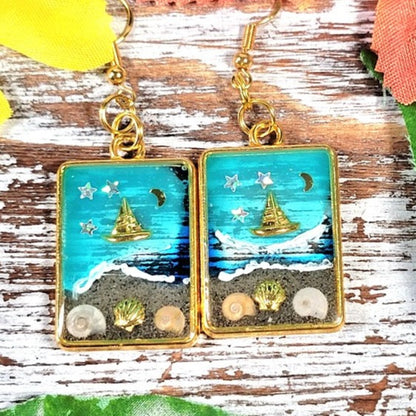 Beach Memories in Gold Frame Earrings, Starry Night Coastal Scene Pendants