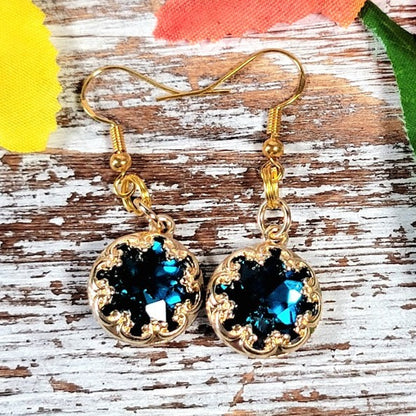 Dazzling Royal Blue Drop Earrings, Intricate Fleur Frame Pendant, Royalty Inspired, Blue Crystal Evening Jewelry