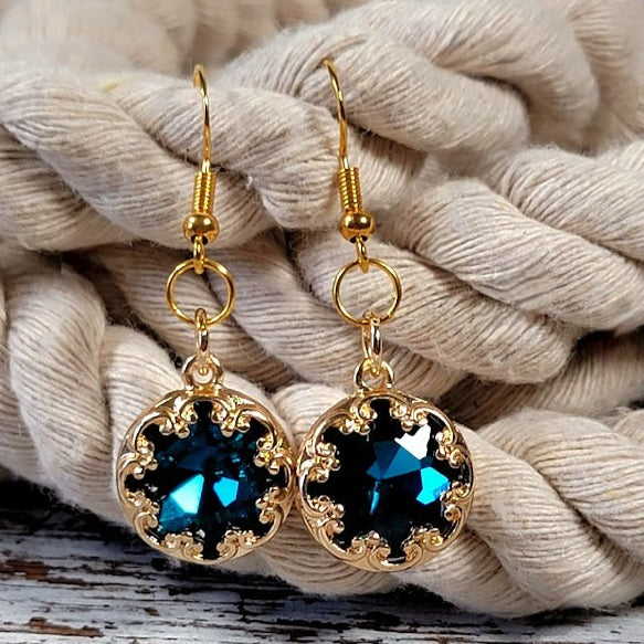 Dazzling Royal Blue Drop Earrings, Intricate Fleur Frame Pendant, Royalty Inspired, Blue Crystal Evening Jewelry