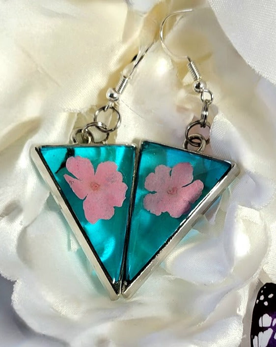 Blue & Pink Flower Earrings, Lightweight and Comfortable Real Pink Petal Dangle