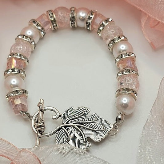 Lustrous Pearl & Crystal Combo Bracelet, Sophisticated Pearl Elegance, Pink Crystal Wristlet