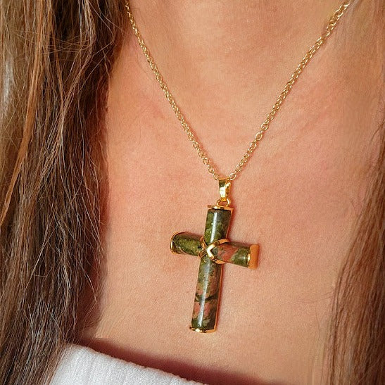 Women's Unakite Stone Cross Pendant, Catholic Pendant, Religious Jewlery