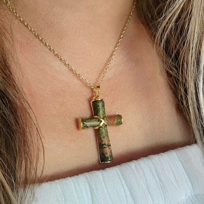 Women's Unakite Stone Cross Pendant, Catholic Pendant, Religious Jewlery