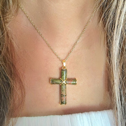 Women's Unakite Stone Cross Pendant, Catholic Pendant, Religious Jewlery