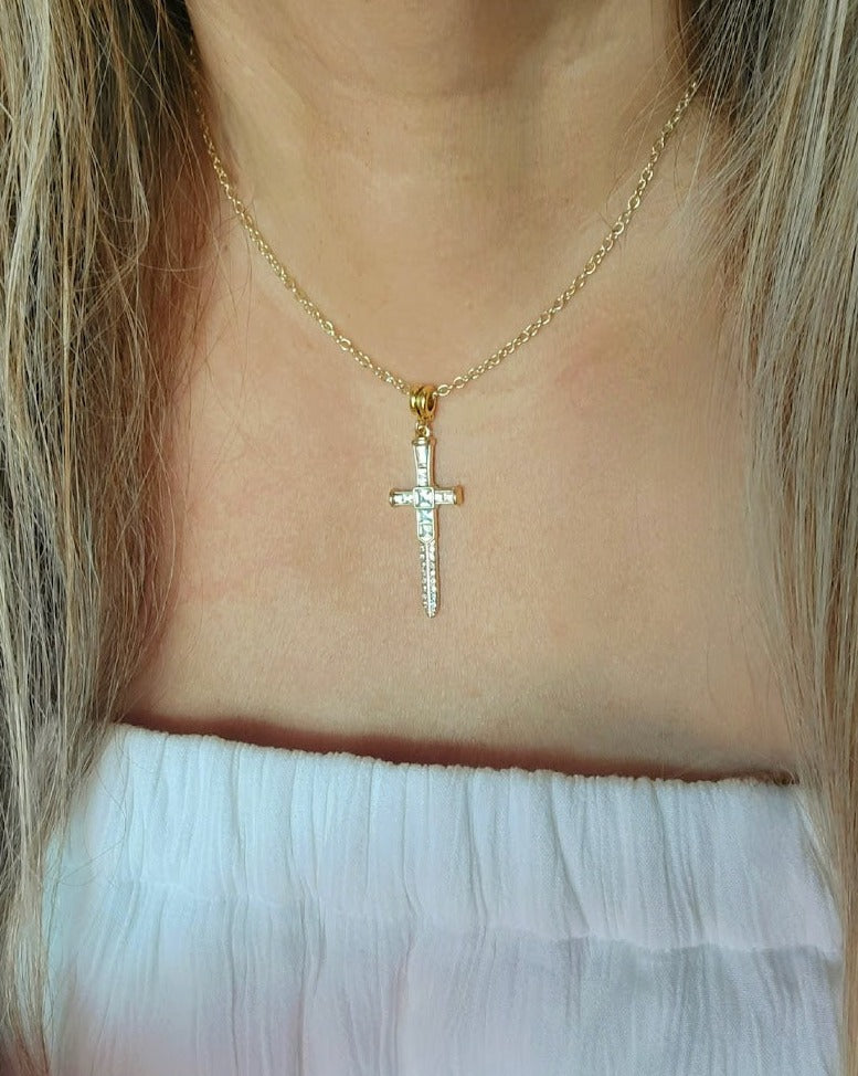 Radiant Rhinestone Gold Cross & Dagger Necklace, Elegant Faith Emblem Pendant, Unisex Spiritual Statement Jewelry