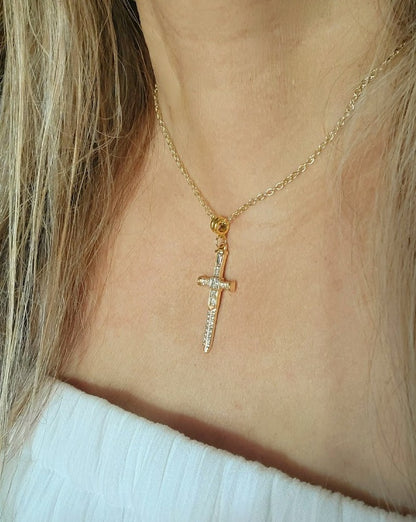 Radiant Rhinestone Gold Cross & Dagger Necklace, Elegant Faith Emblem Pendant, Unisex Spiritual Statement Jewelry