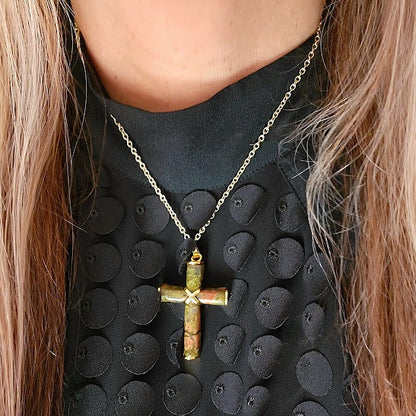 Women's Unakite Stone Cross Pendant, Catholic Pendant, Religious Jewlery