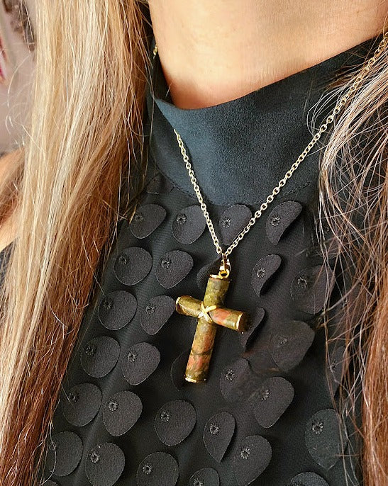 Women's Unakite Stone Cross Pendant, Catholic Pendant, Religious Jewlery