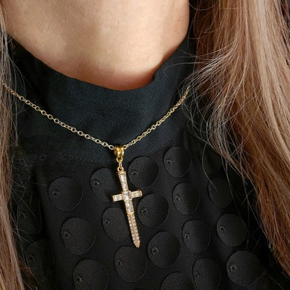 Radiant Rhinestone Gold Cross & Dagger Necklace, Elegant Faith Emblem Pendant, Unisex Spiritual Statement Jewelry