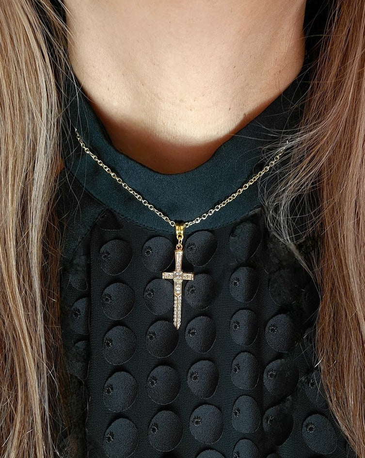 Radiant Rhinestone Gold Cross & Dagger Necklace, Elegant Faith Emblem Pendant, Unisex Spiritual Statement Jewelry