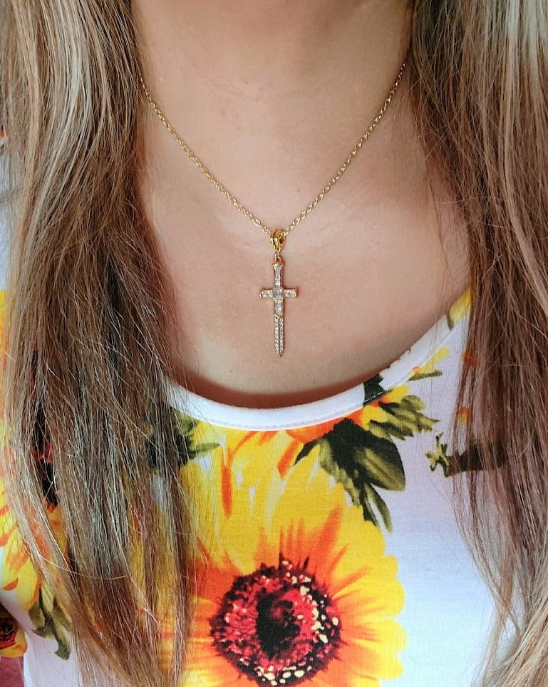 Radiant Rhinestone Gold Cross & Dagger Necklace, Elegant Faith Emblem Pendant, Unisex Spiritual Statement Jewelry