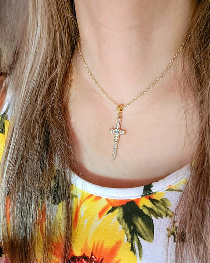 Radiant Rhinestone Gold Cross & Dagger Necklace, Elegant Faith Emblem Pendant, Unisex Spiritual Statement Jewelry