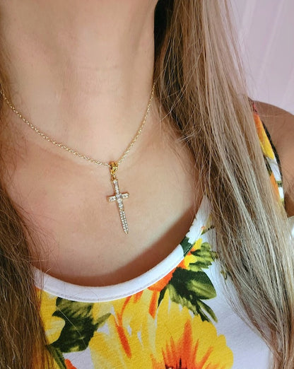 Radiant Rhinestone Gold Cross & Dagger Necklace, Elegant Faith Emblem Pendant, Unisex Spiritual Statement Jewelry