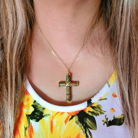 Women's Unakite Stone Cross Pendant, Catholic Pendant, Religious Jewlery