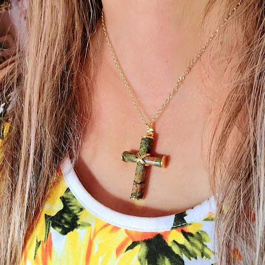 Women's Unakite Stone Cross Pendant, Catholic Pendant, Religious Jewlery