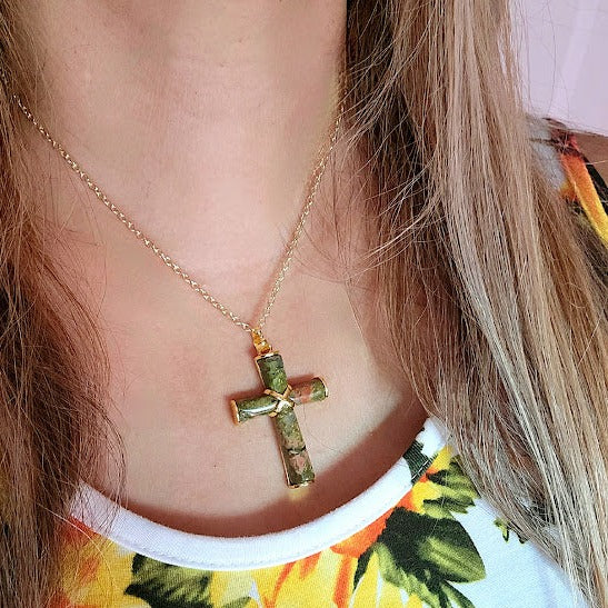 Women's Unakite Stone Cross Pendant, Catholic Pendant, Religious Jewlery