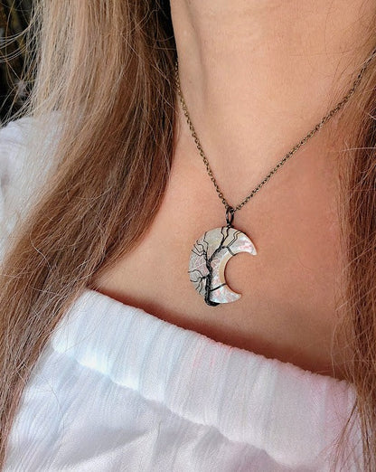 Mystical Moonlight Tree Necklace, Wire-Wrapped Crescent Moon Pendant, Celestial Elegance Jewelry