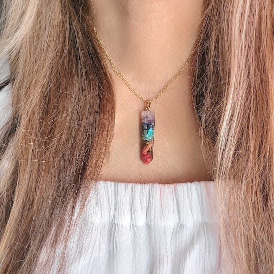 Colorful Pebble Stone Mosaic Glass Necklace, Bohemian Vibrant Pendant