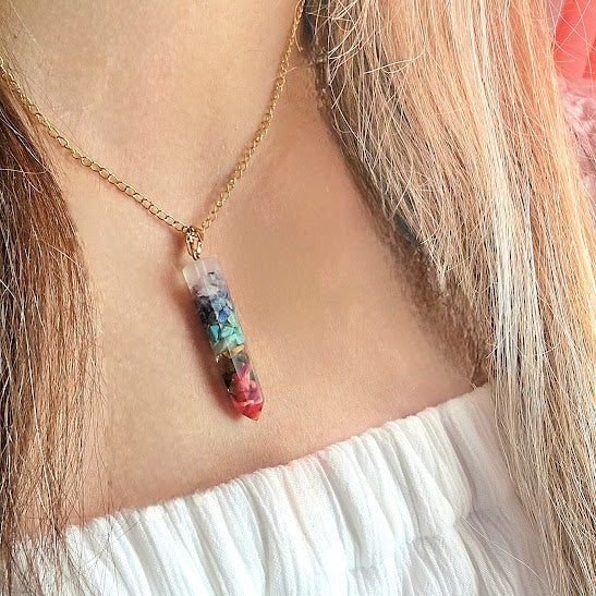 Colorful Pebble Stone Mosaic Glass Necklace, Bohemian Vibrant Pendant