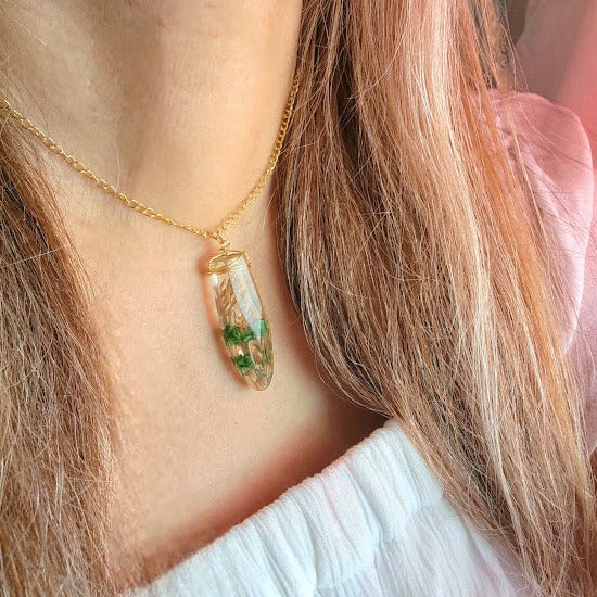 Floral-Encased Gold Resin Necklace , Wire-Wrapped Flower Crystal Pendant