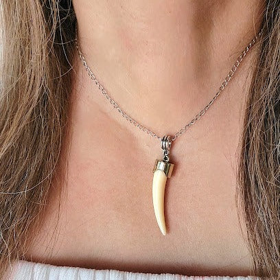 Adventurer's Faux Ivory Saber Tooth Pendant, Rustic Explorer's Necklace