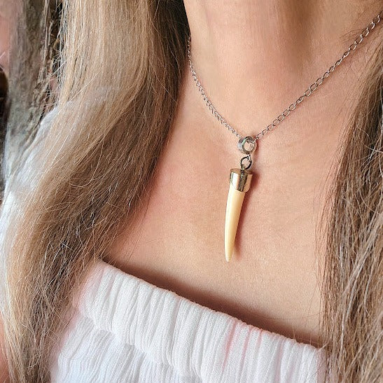 Adventurer's Faux Ivory Saber Tooth Pendant, Rustic Explorer's Necklace