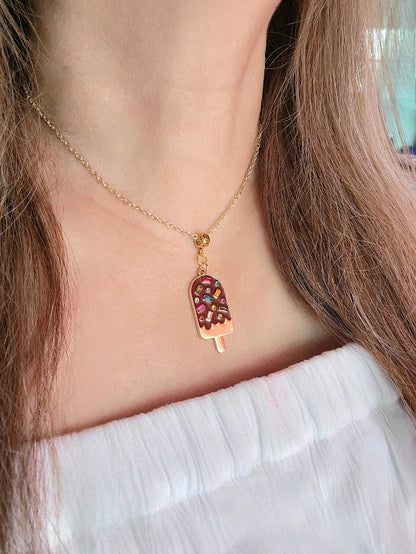 Brown Popsicle Necklace, Sprinkled Popsicle Pendant, Food Jewelry