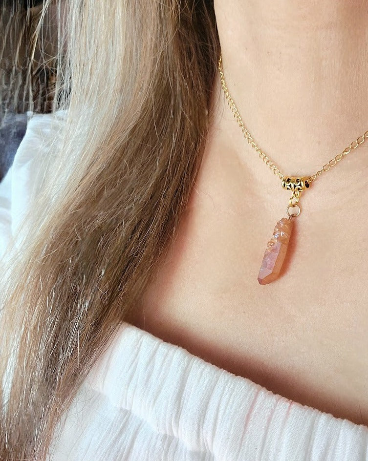 Raw Peach Stone Dagger Necklace