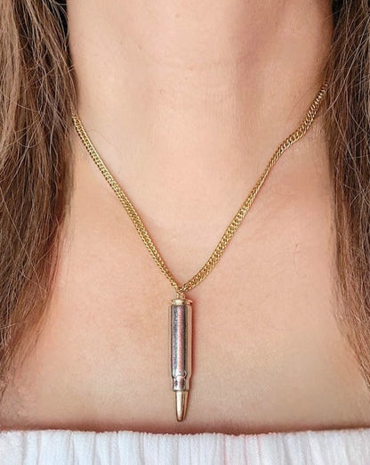 Sleek Dual-Tone Bullet Necklace, Unisex Gold-Plated Pendant, Modern Statement Jewelry, Refined Urban Accessory