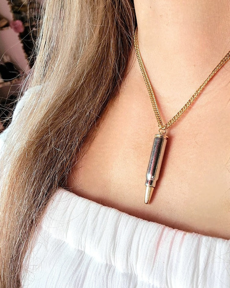 Sleek Dual-Tone Bullet Necklace, Unisex Gold-Plated Pendant, Modern Statement Jewelry, Refined Urban Accessory