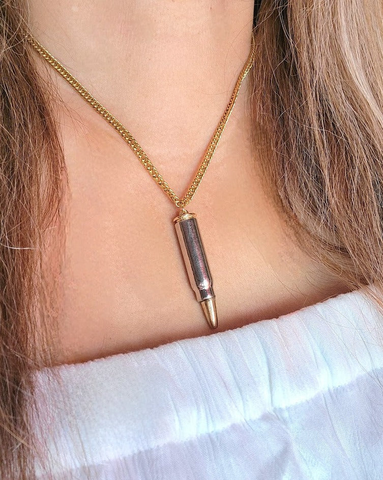 Sleek Dual-Tone Bullet Necklace, Unisex Gold-Plated Pendant, Modern Statement Jewelry, Refined Urban Accessory