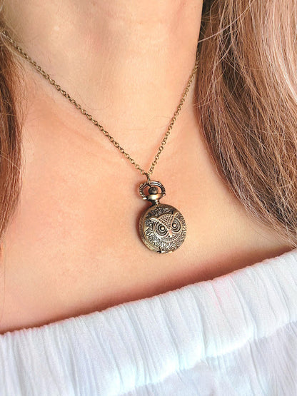 Antique Design Owl Timepiece Necklace, Wisdom-Inspired Pocket Watch Pendant