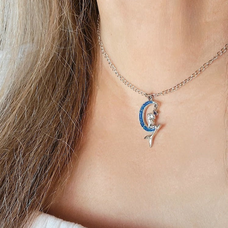 Mermaid Sitting on Silver Crescent Moon Necklace, Sea-Themed Jewelry