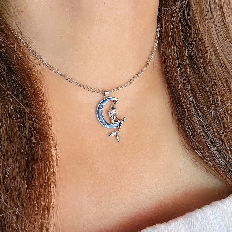 Mermaid Sitting on Silver Crescent Moon Necklace, Sea-Themed Jewelry