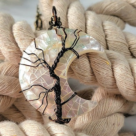 Mystical Moonlight Tree Necklace, Wire-Wrapped Crescent Moon Pendant, Celestial Elegance Jewelry