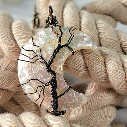 Mystical Moonlight Tree Necklace, Wire-Wrapped Crescent Moon Pendant, Celestial Elegance Jewelry