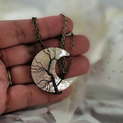 Mystical Moonlight Tree Necklace, Wire-Wrapped Crescent Moon Pendant, Celestial Elegance Jewelry