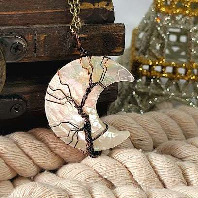 Mystical Moonlight Tree Necklace, Wire-Wrapped Crescent Moon Pendant, Celestial Elegance Jewelry