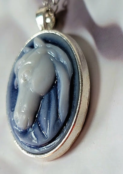 White Stallion Cameo Necklace, Majestic Horse Profile Pendant, Handcrafted Country Charm Jewelry, Modern-day Western Chic