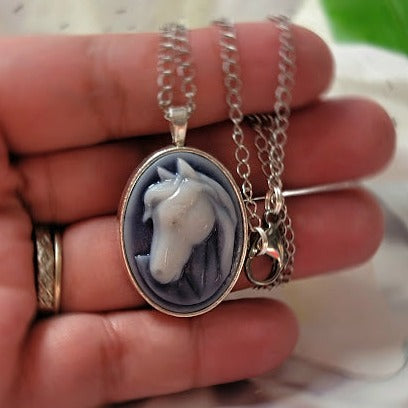 White Stallion Cameo Necklace, Majestic Horse Profile Pendant, Handcrafted Country Charm Jewelry, Modern-day Western Chic