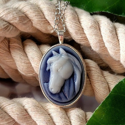 White Stallion Cameo Necklace, Majestic Horse Profile Pendant, Handcrafted Country Charm Jewelry, Modern-day Western Chic