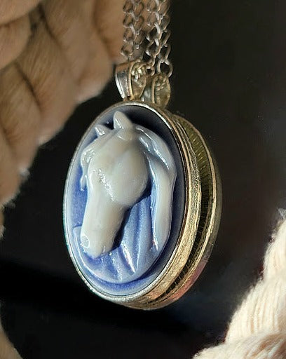 White Stallion Cameo Necklace, Majestic Horse Profile Pendant, Handcrafted Country Charm Jewelry, Modern-day Western Chic