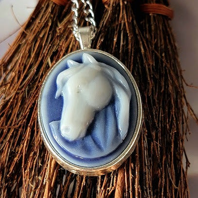 White Stallion Cameo Necklace, Majestic Horse Profile Pendant, Handcrafted Country Charm Jewelry, Modern-day Western Chic