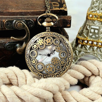 Antique-Inspired Steampunk Gear Watch Necklace - Classic Mechanical Timepiece Pendant