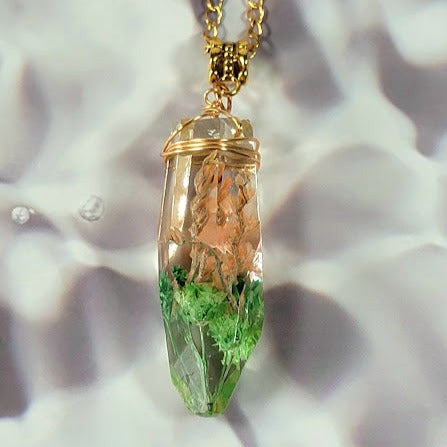 Floral-Encased Gold Resin Necklace , Wire-Wrapped Flower Crystal Pendant