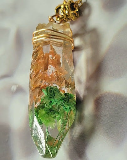 Floral-Encased Gold Resin Necklace , Wire-Wrapped Flower Crystal Pendant