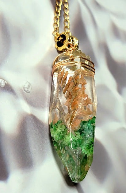 Floral-Encased Gold Resin Necklace , Wire-Wrapped Flower Crystal Pendant