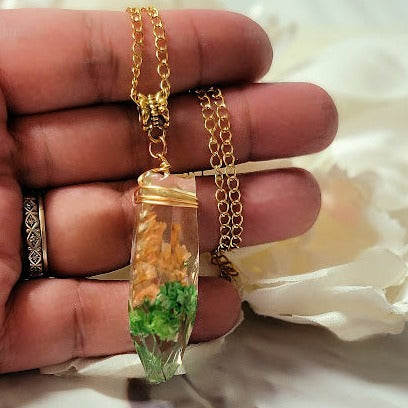 Floral-Encased Gold Resin Necklace , Wire-Wrapped Flower Crystal Pendant