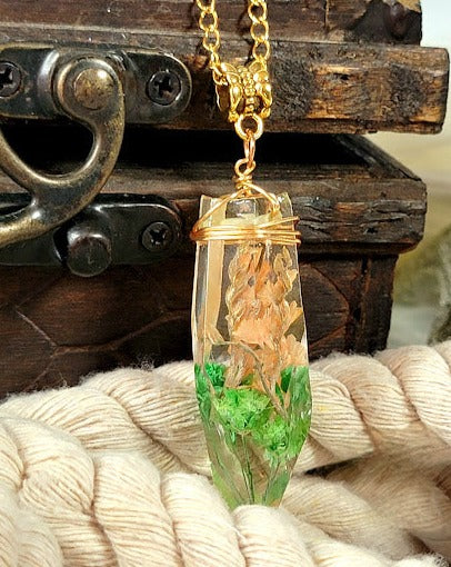 Floral-Encased Gold Resin Necklace , Wire-Wrapped Flower Crystal Pendant