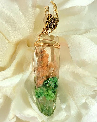 Floral-Encased Gold Resin Necklace , Wire-Wrapped Flower Crystal Pendant